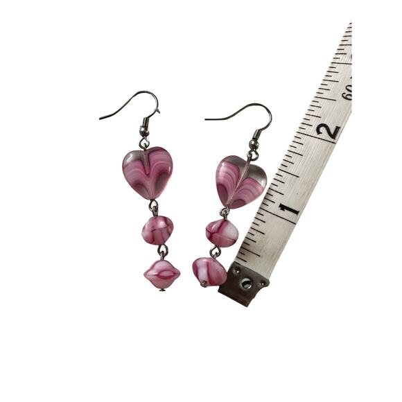 Pink Glass Heart Earrings - Picture 3 of 4